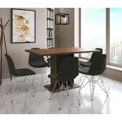 Mesa Jantar Londres Retangular Amêndoa 137X90 Base Preta 6 Cadeiras Estofadas Verde Ferro Branco