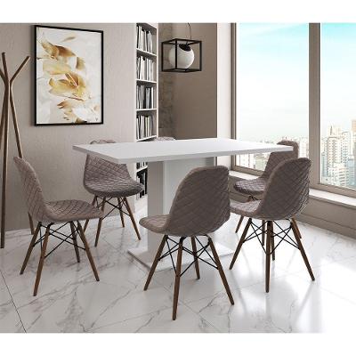 Mesa Jantar Londres Retangular Branca137X90 6 Cadeiras Estofadas Nude Médio Madeira