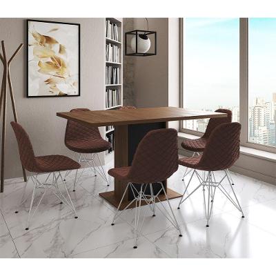 Mesa Jantar Londres Retangular Amêndoa 137X90 Base Preta 6 Cadeiras Estofadas Caramelo Ferro Branco