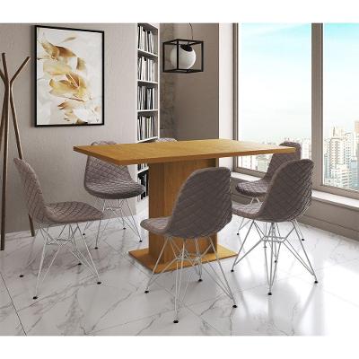 Mesa Jantar Londres Retangular Canela 137X90Cm 6 Cadeiras Estofadas Nude Médio Ferro Branco