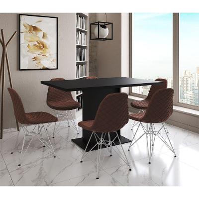 Mesa Jantar Londres Retangular Preta 137X90Cm 6 Cadeiras Estofadas Caramelo Ferro Branco