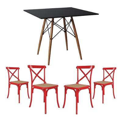 Jogo De Mesa Eiffel Quadrado Tampo De Madeira 90Cm Preto Com 4 Cadeiras Katrina Vermelhao Beg