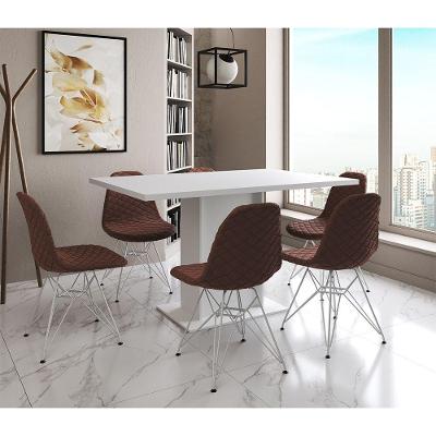 Mesa Jantar Londres Retangular Branca 137X90 6 Cadeiras Estofadas Caramelo Ferro Branco
