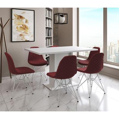 Mesa Jantar Londres Retangular Branca 137X90 6 Cadeiras Estofadas Vermelho Ferro Branco