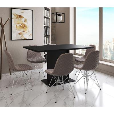 Mesa Jantar Londres Retangular Preta 137X90Cm 6 Cadeiras Estofadas Nude Médio Ferro Branco