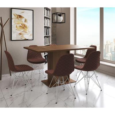 Mesa Jantar Londres Retangular Amêndoa 137X90Cm 6 Cadeiras Estofadas Caramelo Ferro Branco