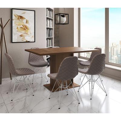 Mesa Jantar Londres Retangular Amêndoa 137X90Cm 6 Cadeiras Estofadas Nude Médio Ferro Branco