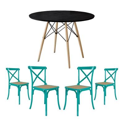 Jogo De Mesa Eiffel Redondo Tampo De Madeira 90Cm Preto Com 4 Cadeiras Katrina Azul Turquesao