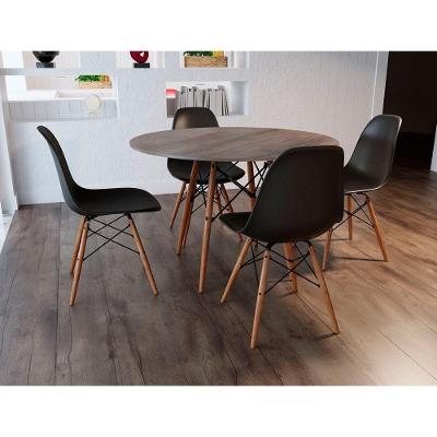 Conjunto De Mesa De Jantar Redonda 110Cm Tampo De Madeira Amêndoa Com 4 Cadeiras Pretas