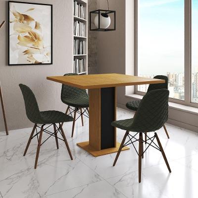 Mesa Jantar Londres Quadrada Canela 90Cm Base Preta 4 Cadeiras Eames Estofadas Verde Madeira