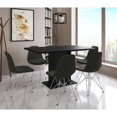Mesa Jantar Londres Retangular Preta 137X90Cm 6 Cadeiras Estofadas Verde Ferro Branco