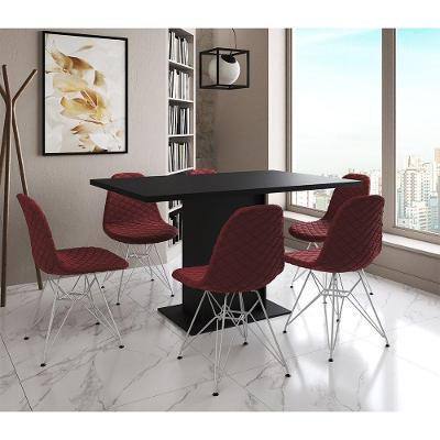 Mesa Jantar Londres Retangular Preta137X90Cm 6 Cadeiras Estofadas Vermelho Ferro Branco