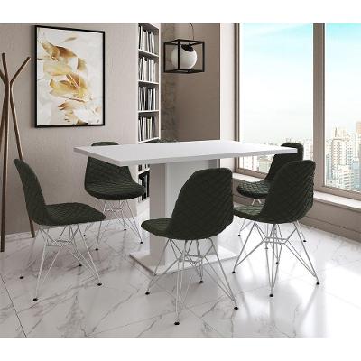 Mesa Jantar Londres Retangular Branca 137X90 6 Cadeiras Estofadas Verde Ferro Branco