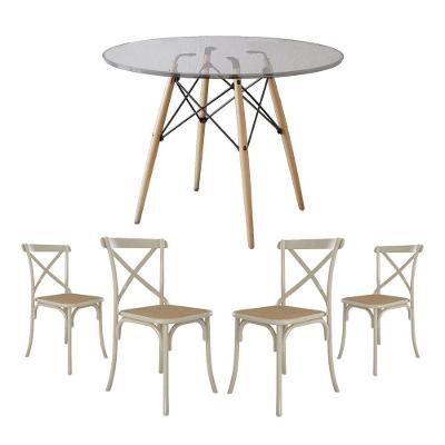 Conjunto De Mesa Eiffel Redondo Tampo De Vidro 110Cm Com 4 Cadeiras Katrina Off White Assento Bege