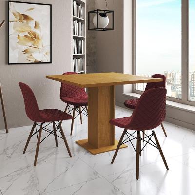 Mesa Jantar Londres Quadrada Canela 90Cm 4 Cadeiras Eames Estofadas Vermelho Madeira