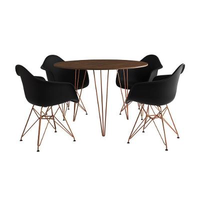 Mesa Jantar Redonda 90Cm Amêndoa Clips 3 Pés Com 4 Poltronas Pretas Base Cobre - Cor: Amendoa