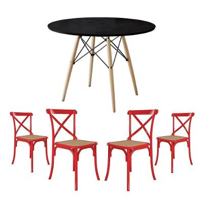 Conjunto De Mesa Eiffel Redondo Tampo De Madeira 90Cm Preto Com 4 Cadeiras Katrina Vermelha Assento