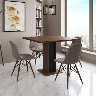 Mesa Jantar Londres Quadrada Amêndoa 90Cm Base Preta 4 Cadeiras Eames Estofadas Caramelo Madeira