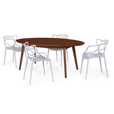 Conjunto Mesa De Jantar Oval Vértice Nozes 190Cm Com 4 Cadeiras Allegra - Cinza