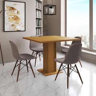 Mesa Jantar Londres Quadrada Canela 90Cm 4 Cadeiras Eames Estofadas Nude Médio Madeira