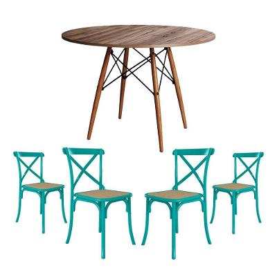 Conjunto De Mesa Eiffel Redondo Tampo De Madeira 110Cm Amêndoa Com 4 Cadeiras Katrina Azul Turquesa