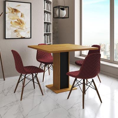 Mesa Jantar Londres Quadrada Canela 90Cm Base Preta 4 Cadeiras Eames Estofadas Vermelho Madeira