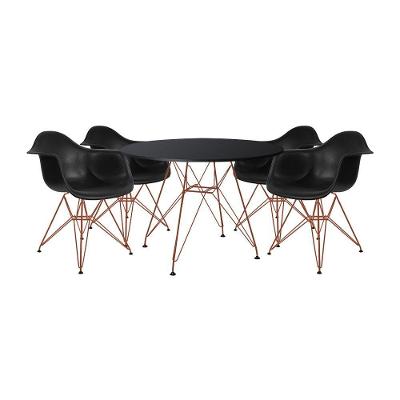 Mesa De Jantar Redonda 90Cm Preta Com 4 Poltronas Pretas Ferro Cobre Cor: Preto