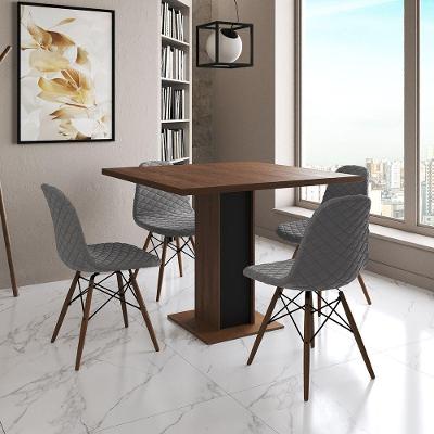 Mesa Jantar Londres Quadrada Amêndoa 90Cm Base Preta 4 Cadeiras Eames Estofadas Grafite Madeira
