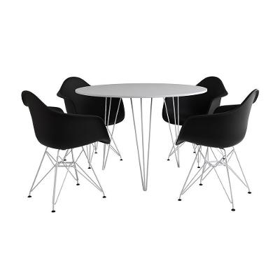 Mesa Jantar Redonda 90Cm Branca Clips 3 Pés Com 4 Poltronas Pretas Ferro Branco - Cor: Branco