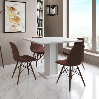 Mesa Jantar Londres Quadrada Branca 90Cm 4 Cadeiras Eames Estofadas Caramelo Madeira