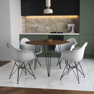 Mesa Jantar Redonda 90Cm Amêndoa Clips 3 Pés Com 4 Poltronas Brancas Ferro Preto - Cor: Amendoa