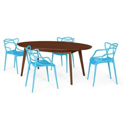 Conjunto Mesa De Jantar Oval Vértice Nozes 190Cm Com 4 Cadeiras Allegra - Azul