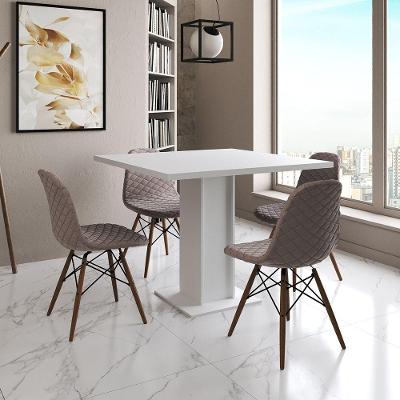 Mesa Jantar Londres Quadrada Branca 90Cm 4 Cadeiras Eames Estofadas Nude Médio Madeira