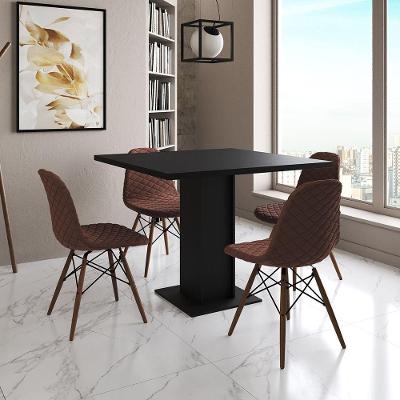 Mesa Jantar Londres Quadrada Preta 90Cm 4 Cadeiras Eames Estofadas Caramelo Madeira