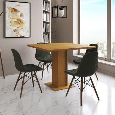 Mesa Jantar Londres Quadrada Canela 90Cm 4 Cadeiras Eames Estofadas Verde Madeira