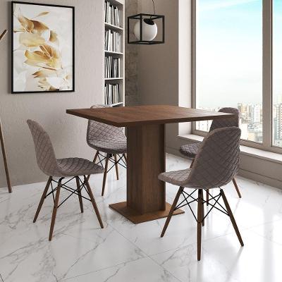 Mesa Jantar Londres Quadrada Amêndoa 90Cm 4 Cadeiras Eames Estofadas Nude Médio Madeira