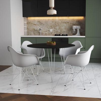 Mesa Jantar Redonda 90Cm Preta Clips 3 Pés Com 4 Poltronas Brancas Ferro Branco - Cor: Preto