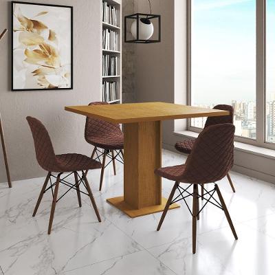 Mesa Jantar Londres Quadrada Canela 90Cm 4 Cadeiras Eames Estofadas Caramelo Madeira