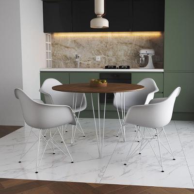 Mesa Jantar Redonda 90Cm Amêndoa Clips 3 Pés Com 4 Poltronas Brancas Ferro Branco - Cor: Amendoa
