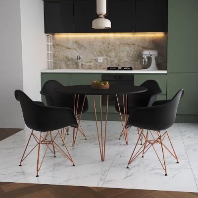 Mesa Jantar Redonda 90Cm Preta Clips 3 Pés Com 4 Poltronas Pretas Base Cobre - Cor: Preto