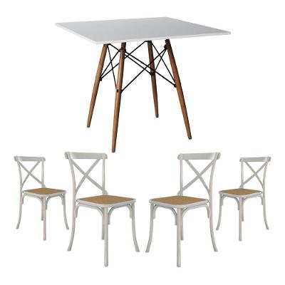 Conjunto De Mesa Eiffel Quadrado Tampo De Madeira 90Cm Branco Com 4 Cadeiras Katrina Branca Assento