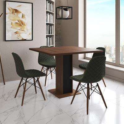 Mesa Jantar Londres Quadrada Amêndoa 90Cm Base Preta 4 Cadeiras Eames Estofadas Verde Madeira