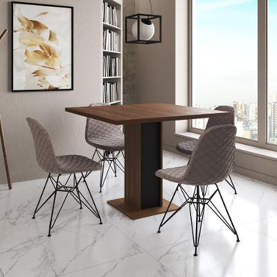 Mesa Jantar Londres Quadrada Amêndoa 90Cm Base Preta 4 Cadeiras Eames Estofadas Nude Médio Ferro Pre