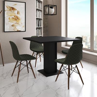 Mesa Jantar Londres Quadrada Preta 90Cm 4 Cadeiras Eames Estofadas Verde Madeira