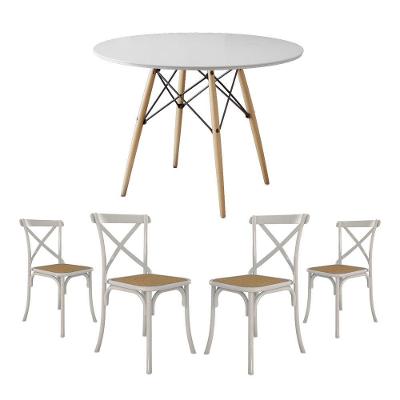 Conjunto De Mesa Eiffel Redondo Tampo De Madeira 110Cm Branco Com 4 Cadeiras Katrina Branca Assento