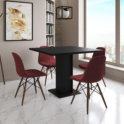 Mesa Jantar Londres Quadrada Preta 90Cm 4 Cadeiras Eames Estofadas Vermelho Madeira