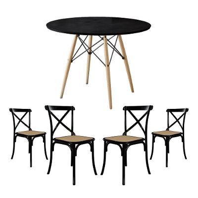 Jogo De Mesa Eiffel Redondo Tampo De Madeira 90Cm Preto Com 4 Cadeiras Katrina Preto Assento Bege