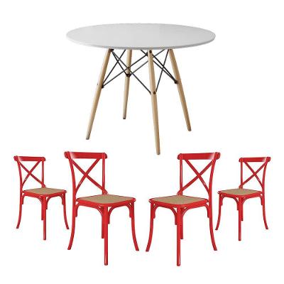 Jogo De Mesa Eiffel Redondo Tampo De Madeira 110Cm Branco Com 4 Cadeiras Katrina Vermelhao Be