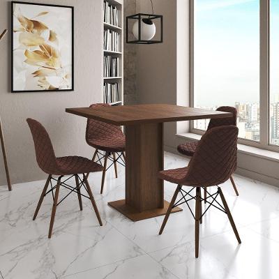 Mesa Jantar Londres Quadrada Amêndoa 90Cm 4 Cadeiras Eames Estofadas Caramelo Madeira