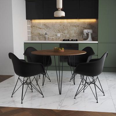 Mesa Jantar Redonda 90Cm Amêndoa Clips 3 Pés Com 4 Poltronas Pretas Ferro Preto - Cor: Amendoa